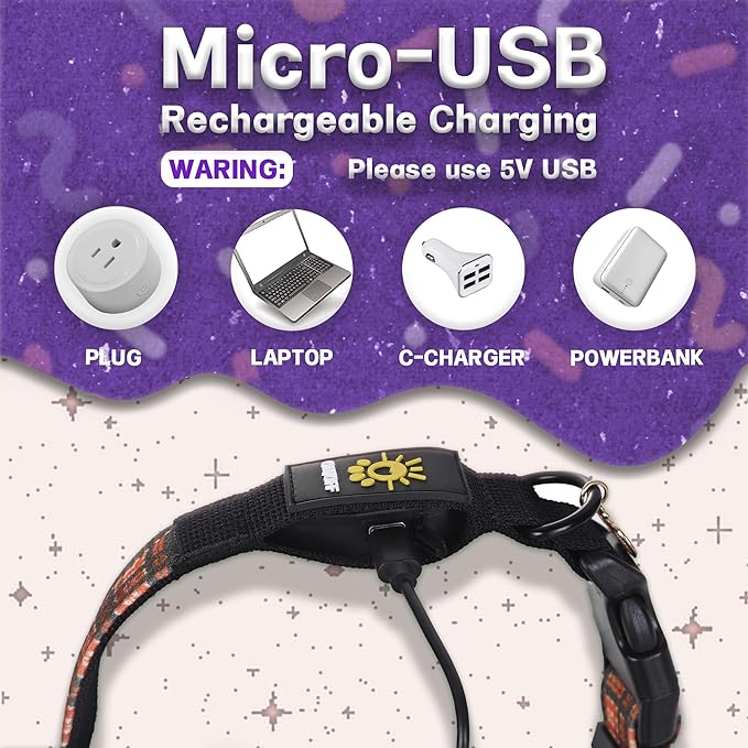 DOGWONG LED Dog Collar - Fall Orange Plaid Heavy Duty Light up Dog Collars - Rechargeable