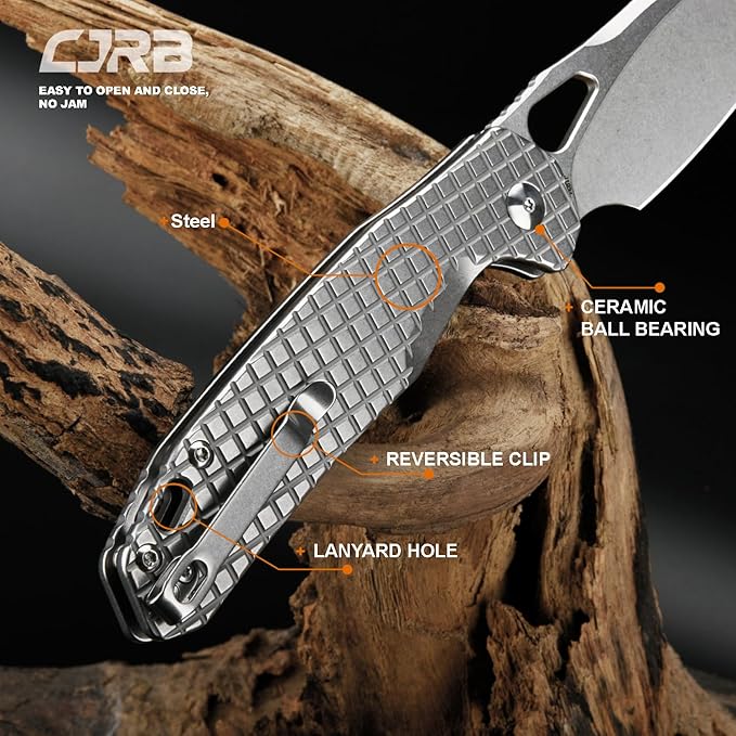 CJRB Frack Pocket Knife, 3.9" AR-RPM9 Steel Blade PVD Coating Frag Pattern Steel Handle EDC Knife