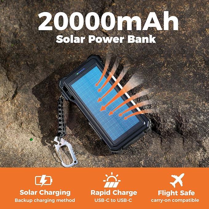 BLAVOR Solar Power Bank 20000mAh/74000mWh Built-in Cables, Wireless Charger for Apple Watch, 20W