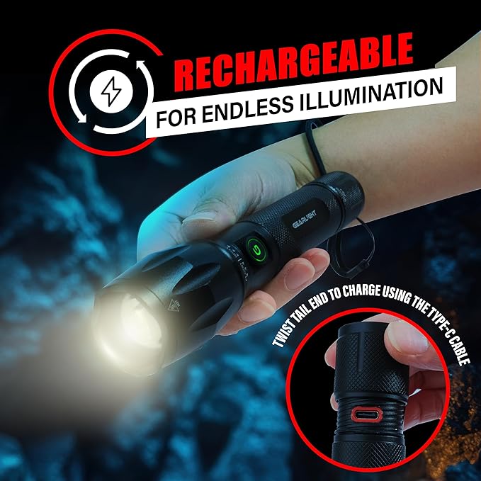 GearLight S1000 LED Tactical Flashlight - High Lumens, USB-C Fast Charging, Dual-Button, IPX4