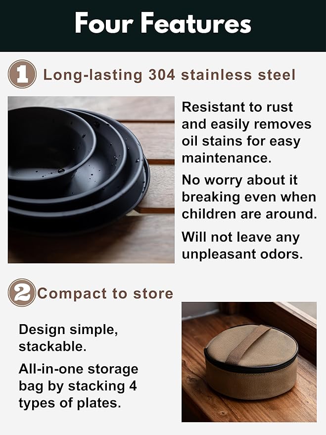 CAMPINGMOON Camping Plates Stainless Steel 4pcs Black BKS395-1S