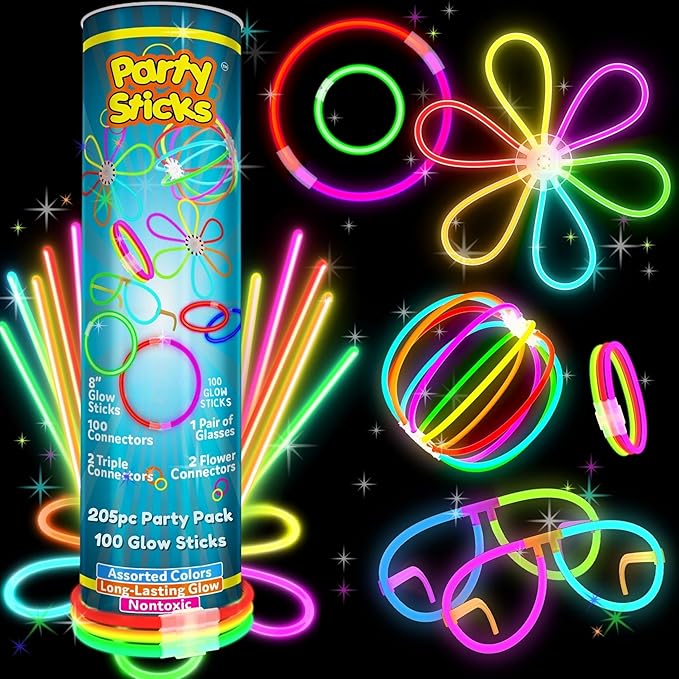 PartySticks Bulk Party Supplies 205 Piece Glow in The Dark 100 Glow Sticks with Eye Glasses