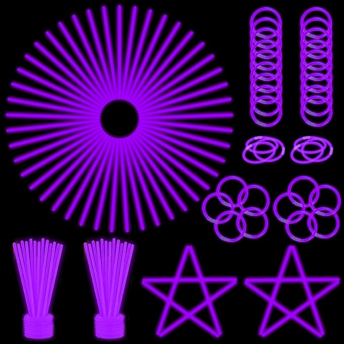 ILHSTY 100 Pcs 8'' Purple Glow Sticks Glow Necklaces In The Dark Party Favor Supplies Bright
