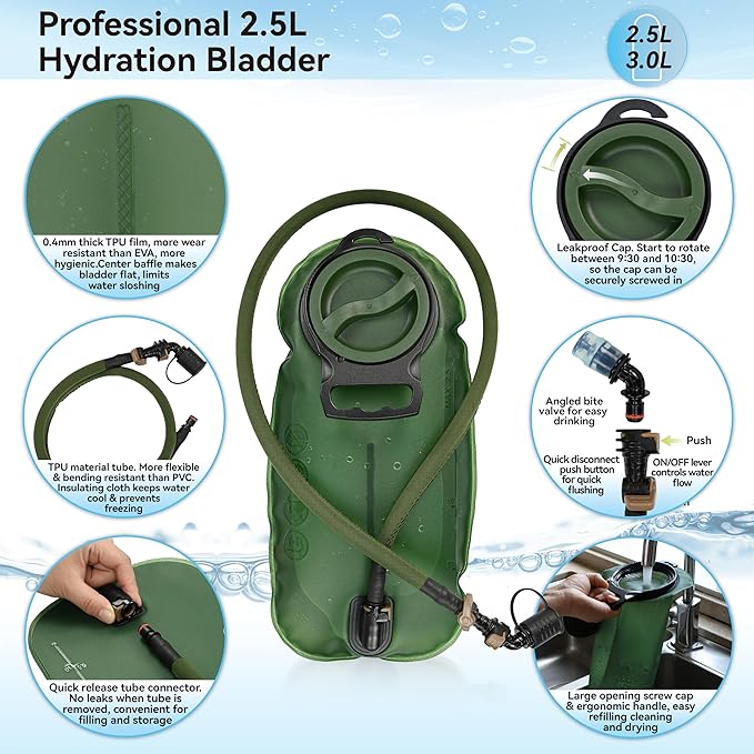 MARCHWAY Tactical Molle Hydration Pack with 2.5L TPU Water Bladder, Low-Profile Organized Military