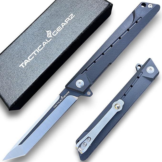 TACTICAL GEARZ Pocket Folding Knife for EDC, G10 Handle, D2 Steel Tanto Blade, Includes Sheath (Nyx
