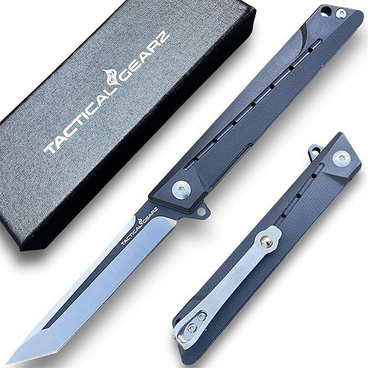 TACTICAL GEARZ Pocket Folding Knife for EDC, G10 Handle, D2 Steel Tanto Blade, Includes Sheath (Nyx