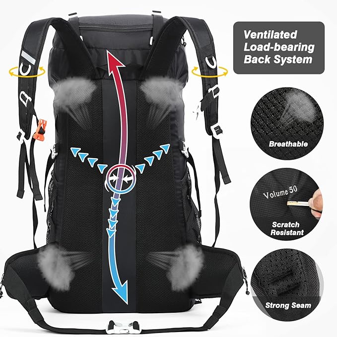 HOMIEE 50L Hiking Backpack Travel Bag Waterproof Camping Rucksack with Rain Cover Lightweight