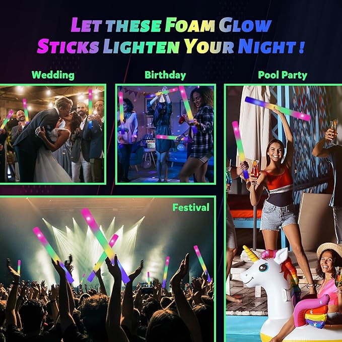 100 Pcs 18.5 inch Foam Glow Sticks Bulk, 4 Color LED Light Foam Sticks, Glow In The Dark Party