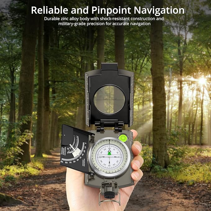 Compass Hiking Survival, IP65 Waterproof Metal Compass with Sighting Clinometer and Carry Bag