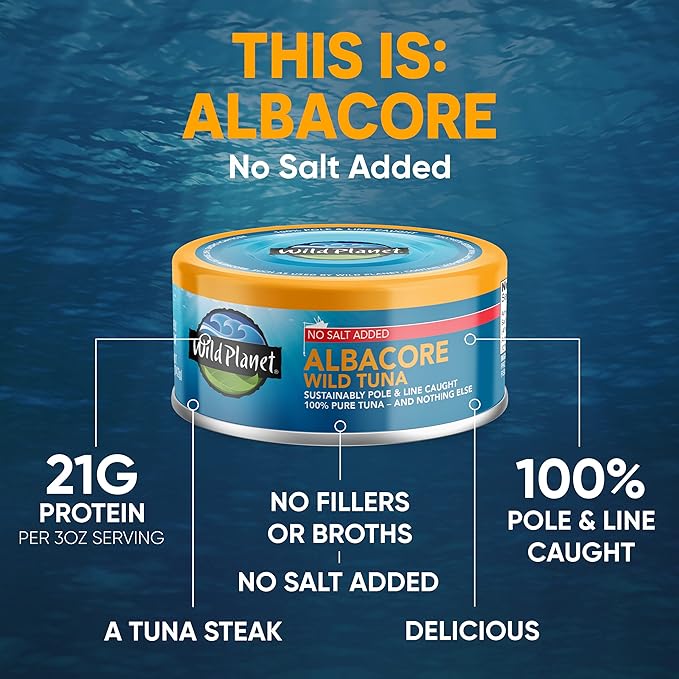 Wild Planet Albacore Wild Tuna, No Salt Added, Canned Tuna, Pole & Line Caught, 5 oz, Pack of 4