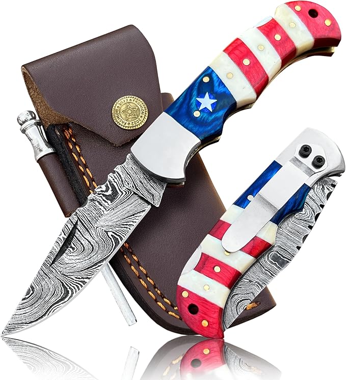 Damascus Steel Pocket Knife with Clip and Leather Sheath - EDC Knife for Outdoor and Camping