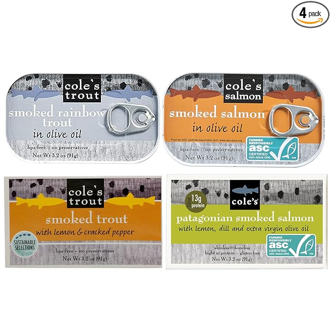 Cole's Patagonian Smoked Salmon & Rainbow Trout Sampler Pack, 3.2oz Cans | Hand-Packed in Extra