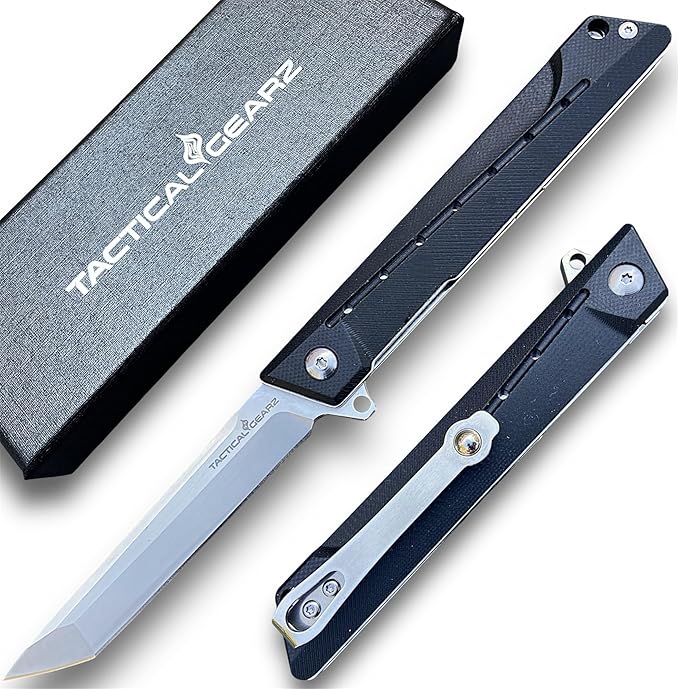 TACTICAL GEARZ Pocket Folding Knife for EDC, G10 Handle, D2 Steel Tanto Blade, Includes Sheath (Nyx)