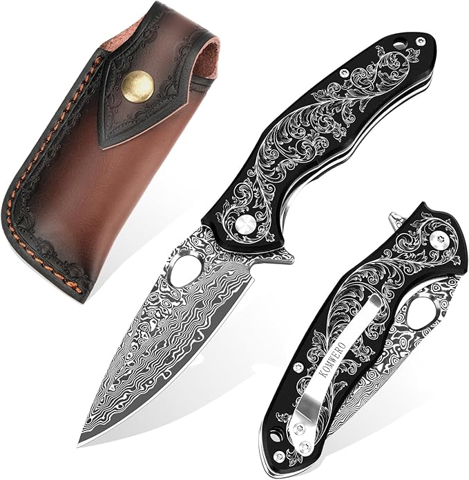 KOMWERO Damascus Pocket Knife with 2.95" VG10 Steel Blade, Folding Knife with Aluminum Alloy