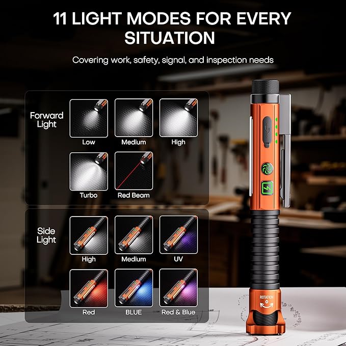 EDC Flashlight Rechargeable,800 Lumen Small Flashlight with Magnetic Clip & Base, 11 Modes LED