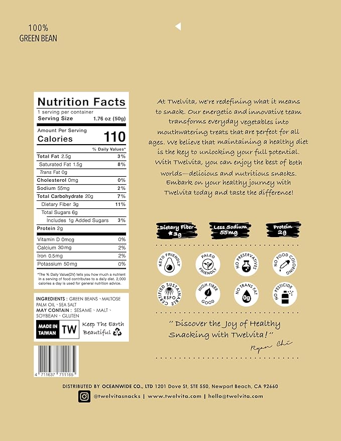 TwelVita Natural Baked Green Bean Crisps, Vegan Snacks, Clean Label, Non-GMO, Gluten-Free, 1.76 oz