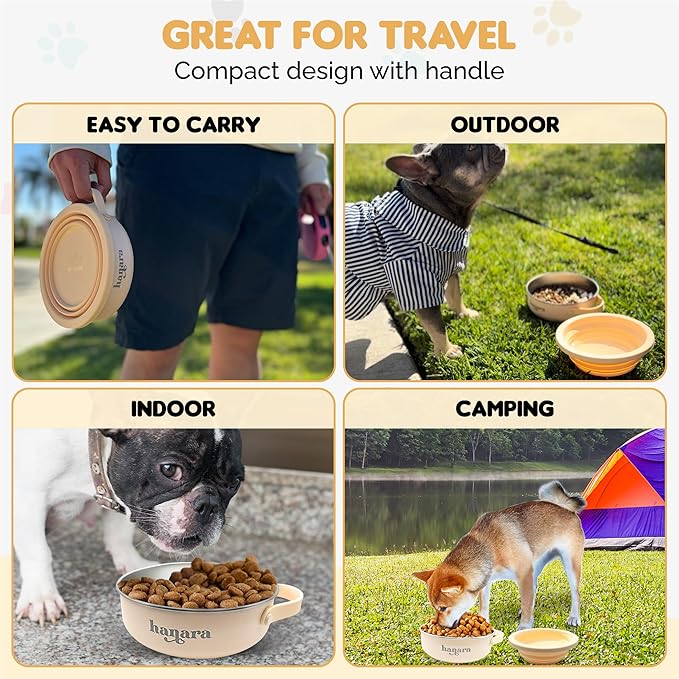 HANARA 2-in-1 Insulated Dog Bowl with Collapsible Lid & Handle ??Stainless Steel, Non-Slip Rubber
