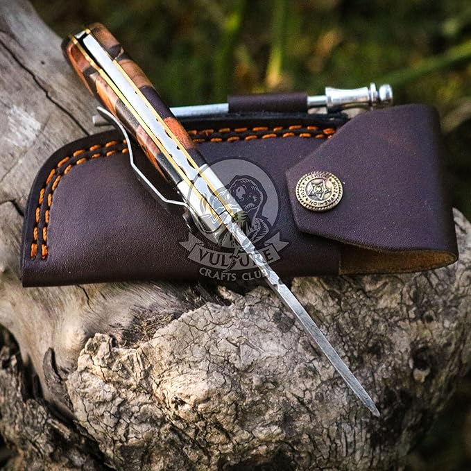 Damascus Pocket Knife for Men Handmade - 6.5 Inches Damascus Folding Knife with Sheath -Ideal for