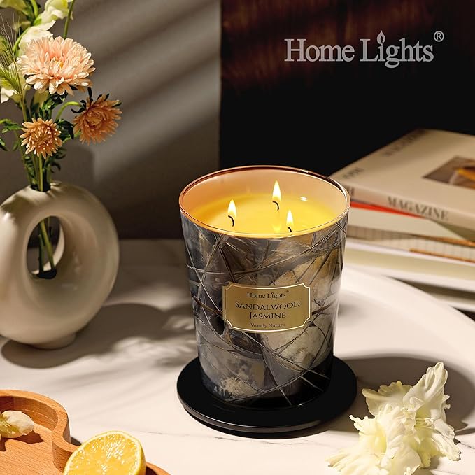 HomeLights Soy Wax Candles for Home Scented, 3-Wick Candles in Sandalwood Jasmine Scented