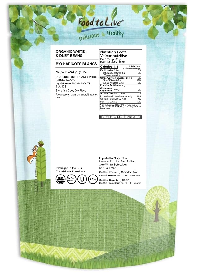 Food to Live Organic White Kidney Beans, 1 Pounds Whole Raw Dried Beans, Vegan, Kosher, Bulk. Rich