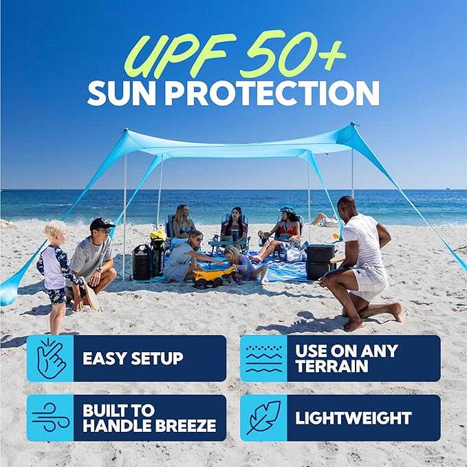 SUN NINJA Beach Tent Sun Shelter UPF50+ - Easy Pop Up Beach Canopy - Outdoor Shade for Camping