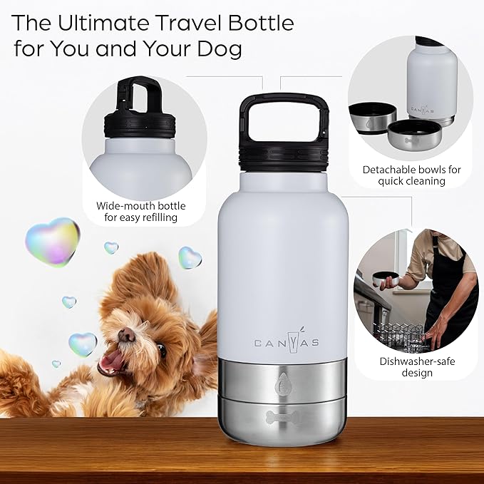 Insulated 32oz Stainless Steel Dog Water Bottle with Food & Water Bowls, Leak-Proof Pet Travel