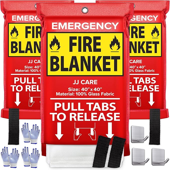 JJ CARE Fire Blanket ??3 Packs with Hooks and Gloves ??Emergency Fire Blanket for Home & Kitchen