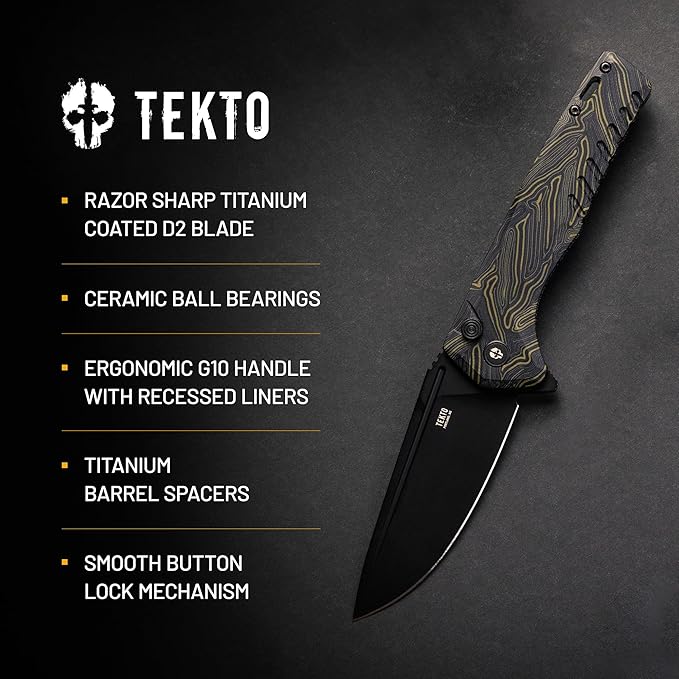 F3 Charlie Button Lock Folding Knife, Oversized Fine Edge Blade, Tactical Damascus G10 Handle