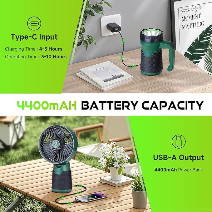 4 in 1 Modular Rechargeable Camping Lantern, Portable LED Flashlight, Outdoor Camp Fan, 4400mAh
