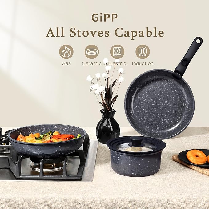 GiPP Ceramic Pots and Pans Set Non Stick, Nonstick Detachable Handle Cookware Sets, Healthy Non