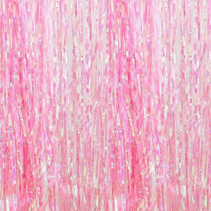 BRAVESHINE Clear Pink Streamers Party Decorations Iridescent Foil Fringe Backdrop - 2 Pack 3.2 x