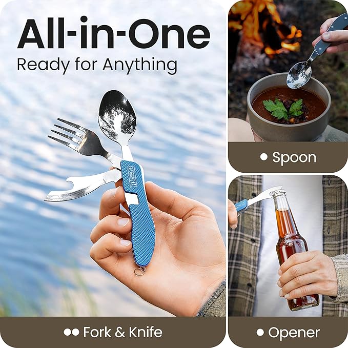Orblue 4-in-1 Camping Eating Utensils, 2-Pack - Portable Spoon, Fork, Knife & Bottle Opener Combo