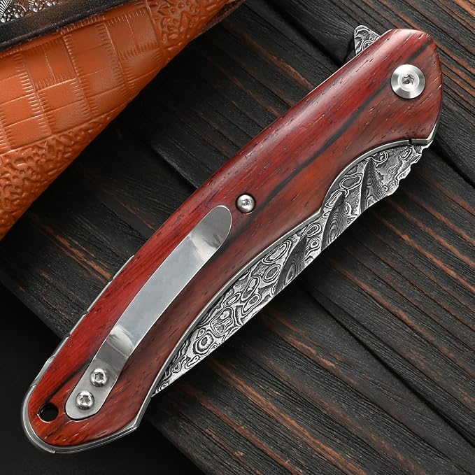 Sitivien ST242 Damascus Steel Folding Knife,Flipper Liner Lock Knife with Damascus VG10 Core
