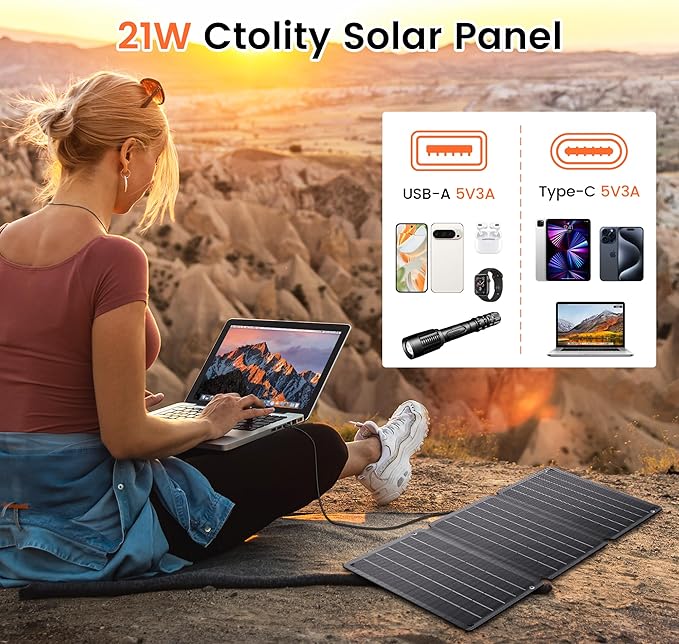 21W Portable Solar Panel - Foldable Solar Charger with Dual USB-A/USB-C for Phone Laptop Camping