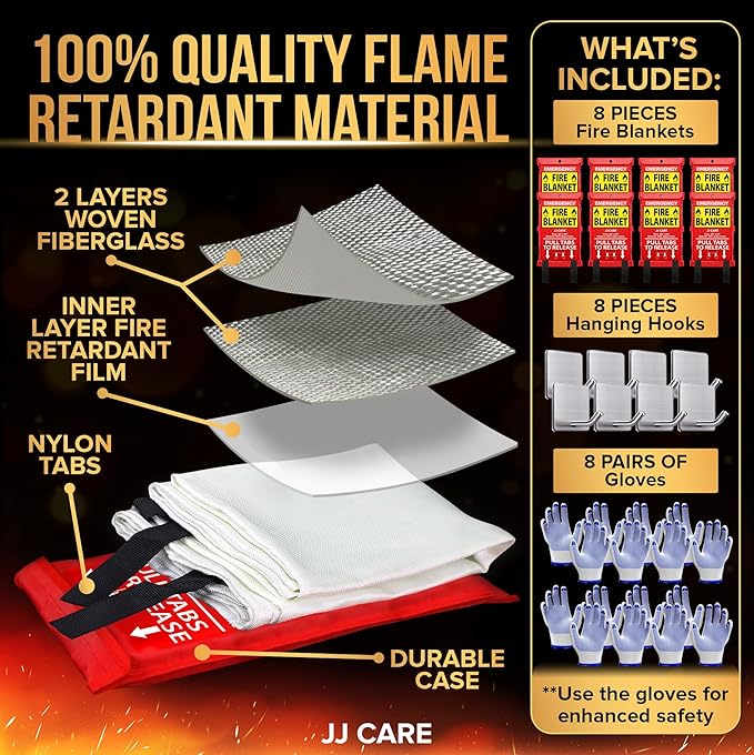 JJ CARE Fire Blanket ??8 Packs with Hooks and Gloves ??Emergency Fire Blanket for Home & Kitchen