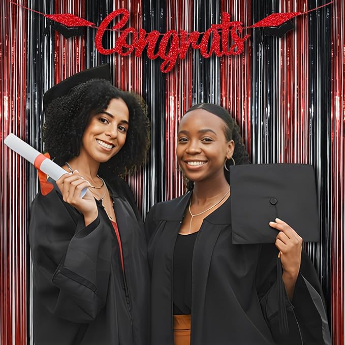 BRAVESHINE Tinsel Photo Backdrop Curtains - 2 Pack 3.2x8.2ft Black Red Foil Fringe Streamer Curtain