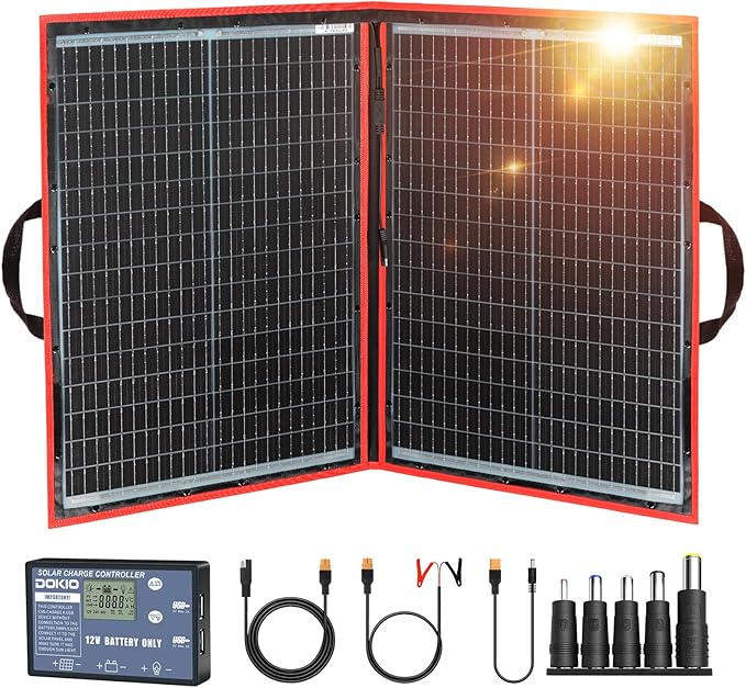 DOKIO 100W Portable Foldable Solar Panel Kit (19x26in, 5.3lb), with Separate Controller and Dual