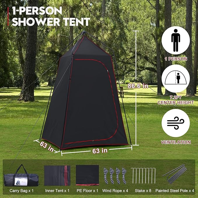 Camping Shower Tent, Portable Outdoor Privacy Shelter for Showering & Changing, 7.2 FT Easy-Setup