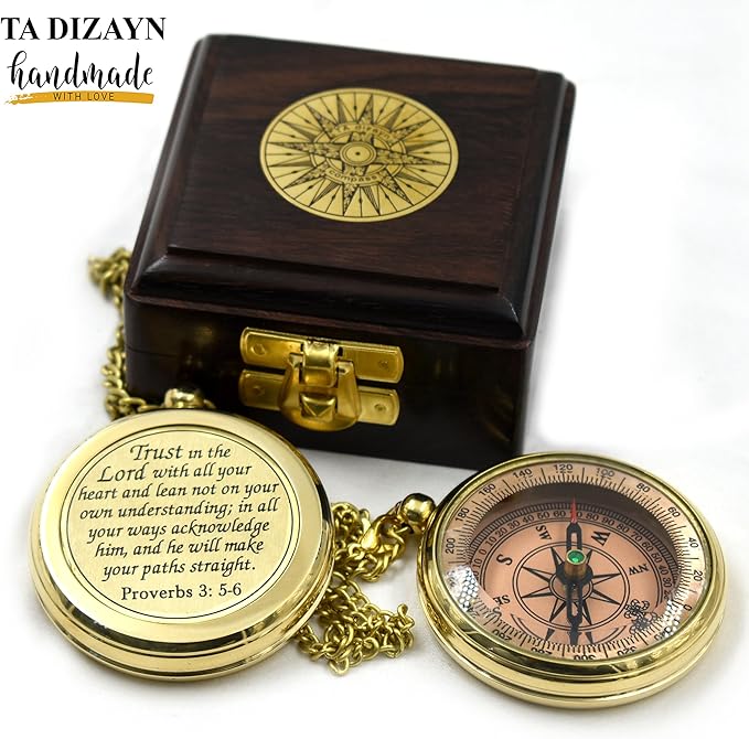 Trust in The Lord With All Your Heart - Proverbs 3:5-6 Quote Engraved Compass With Wooden Box