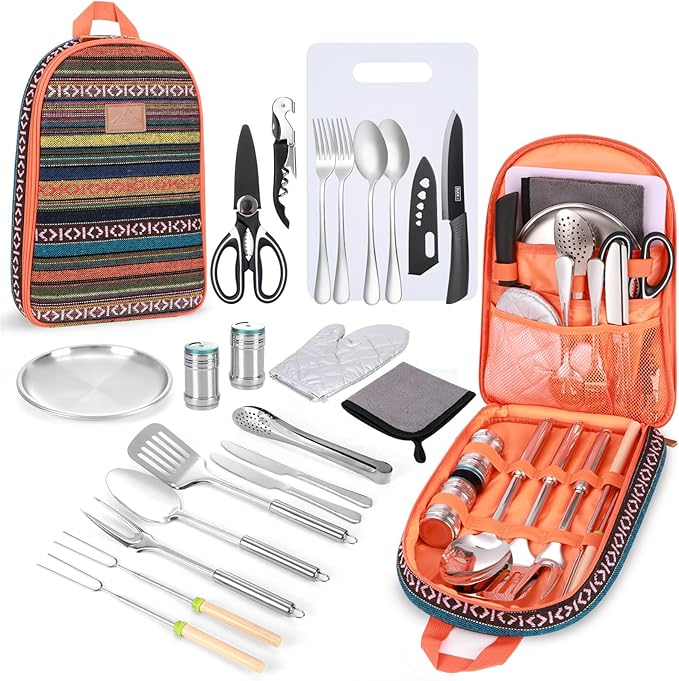 Portable Camping Kitchen Utensil Set-27 Piece Cookware Kit, Stainless Steel Outdoor Cooking and
