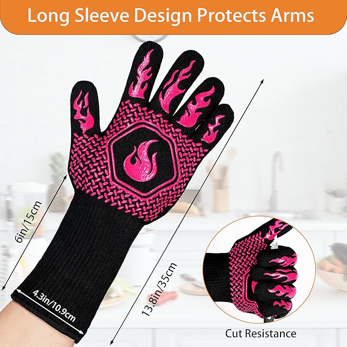 BBQ Fireproof Gloves, Grill Cut-Resistant Gloves 1472°F Heat Resistant Gloves, Non-Slip Silicone