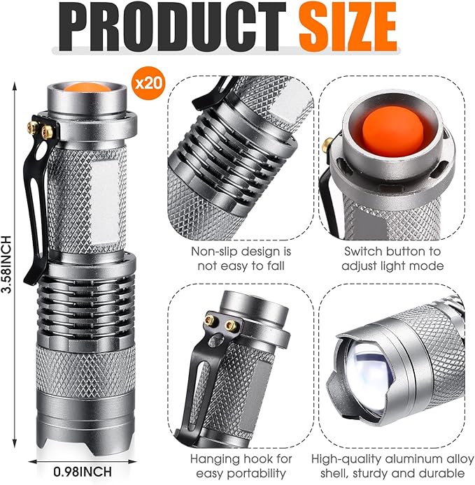 Fumete 20 Pieces LED Flashlight Mini 3 Mode Tactical Torch Small Water Resistant Pocket Flash Light