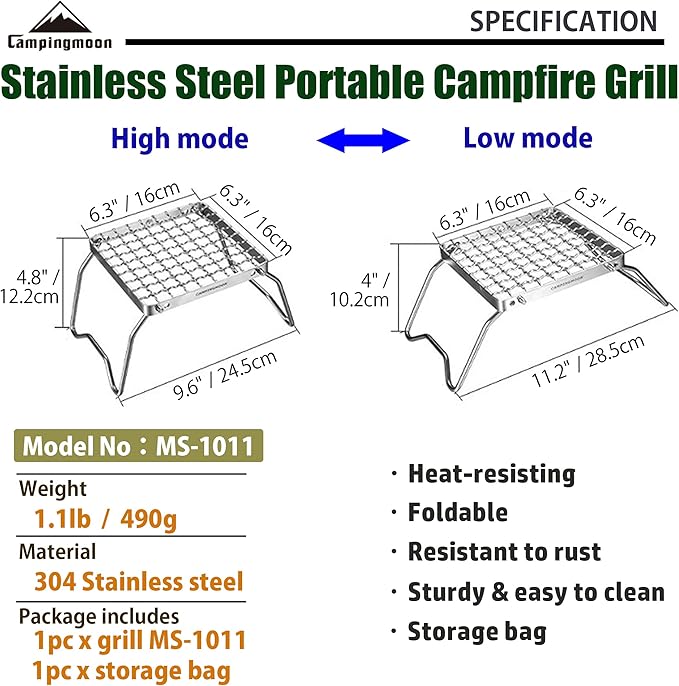 CAMPINGMOON Portable Folding Camping Campfire Grill over Fire Split Stoves 304 Stainless Steel