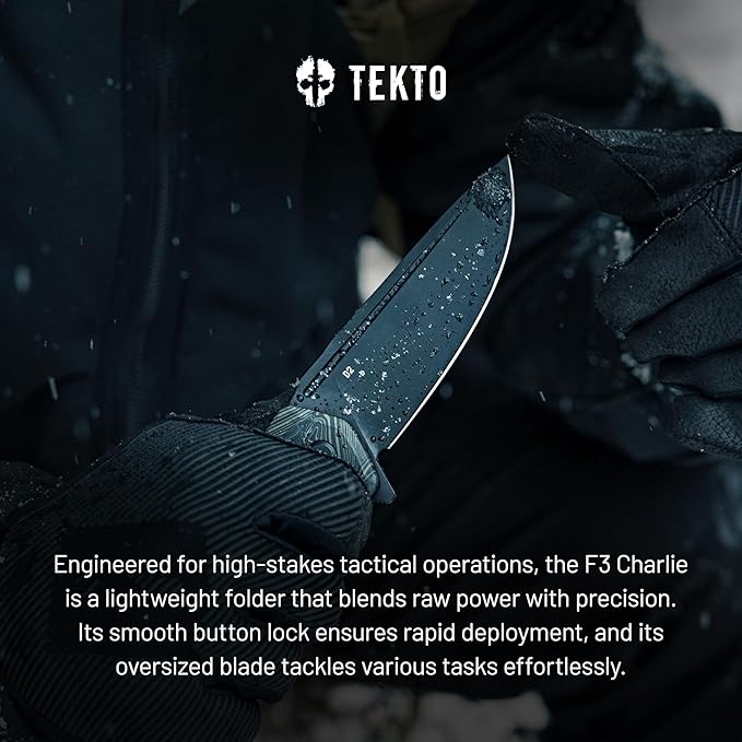 F3 Charlie Button Lock Folding Knife, Oversized Fine Edge Blade, Tactical Damascus G10 Handle