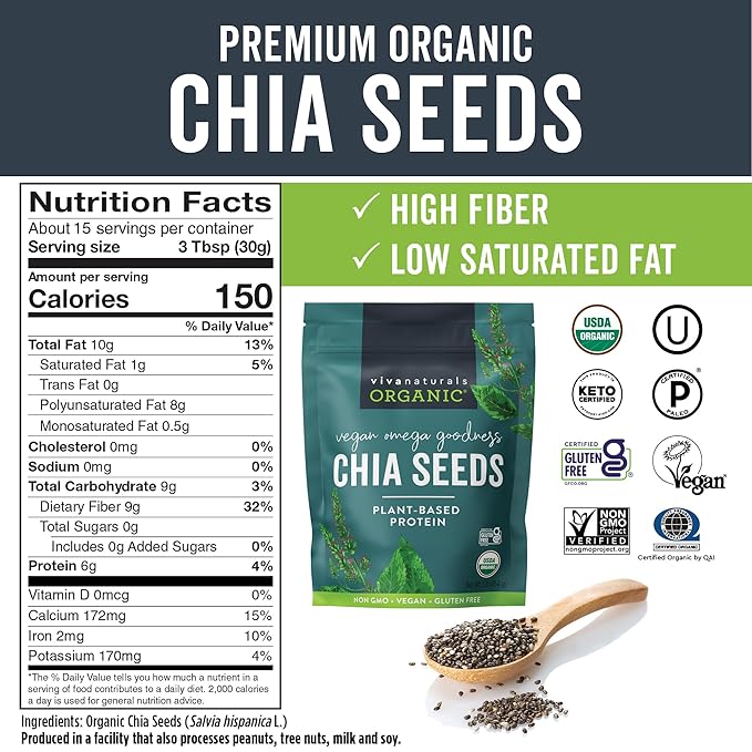 Viva Naturals Organic Chia Seeds, 1 lb (454 g) – Plant-Based Omega-3 and Vegan Protein, Gluten Free