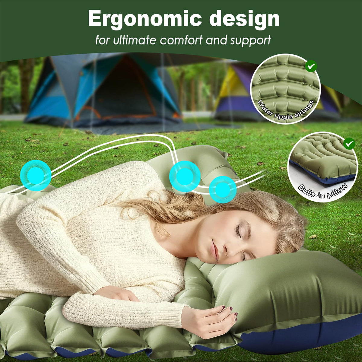 Pretyw Double Camping Sleeping pad with Pillow & Built-in Foot Pump