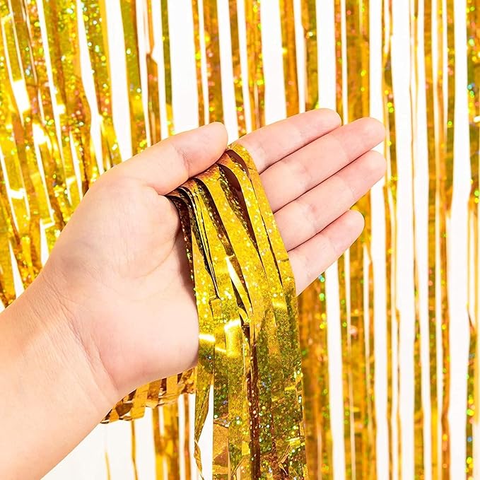 BRAVESHINE Gold Tinsel Foil Fringe Curtains - 2Pcs 3.2x8.2ft Holidays Photo Backdrop for Men 60th