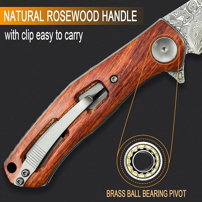 AUBEY Damascus Folding Pocket Knife Handmade with Clip for Men, Damascus Hunting Knife EDC Knife