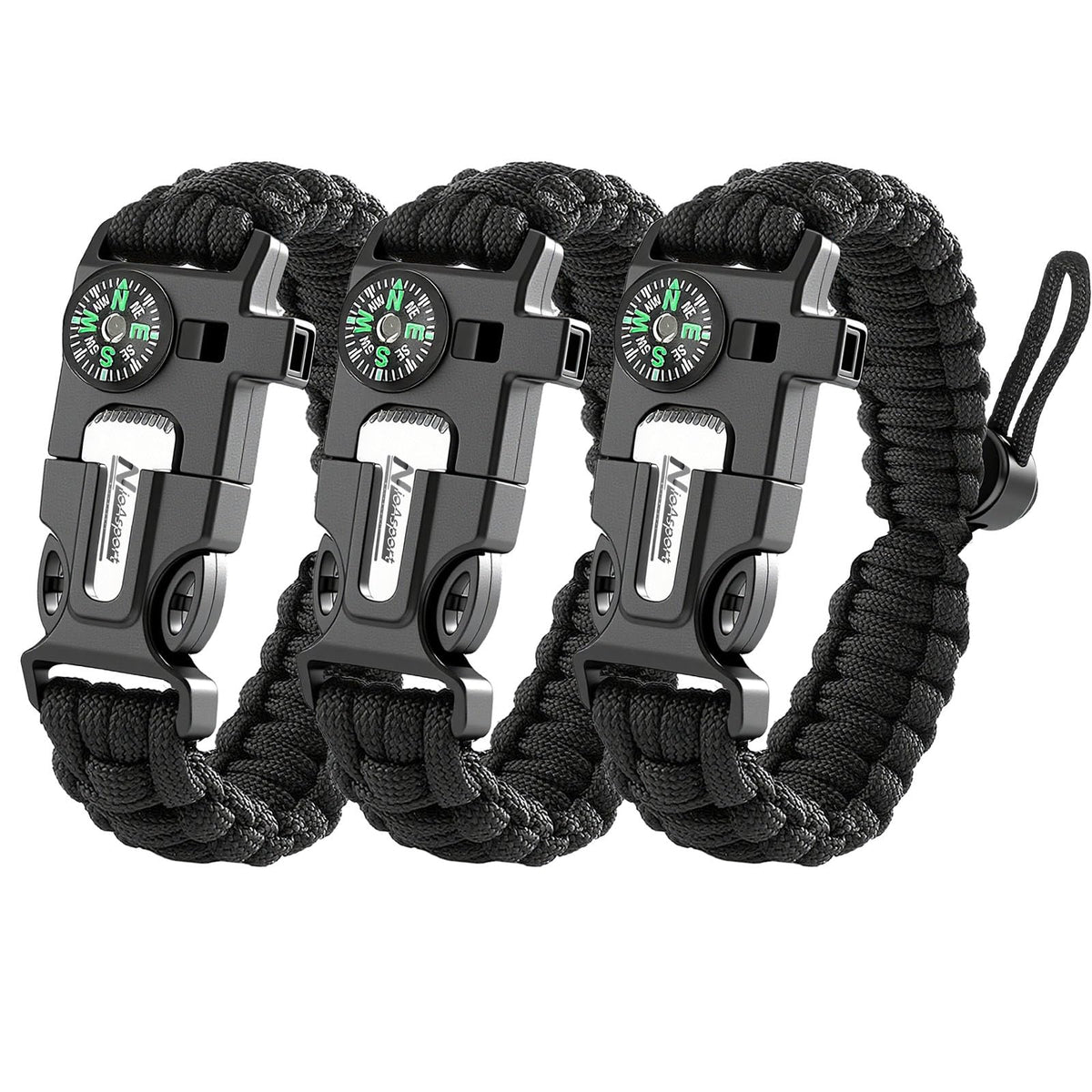 NVioAsport Paracord Survival Bracelet (3 Pack) - Adjustable with Fire Starter, Whistle, Compass