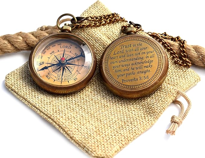Trust in The Lord With All Your Heart - Proverbs 3:5-6 Quote Engraved Compass With Wooden Box